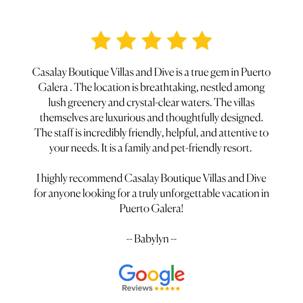 Google review by Babylyn describing Casalay Boutique Villas & Dive as a family-friendly gem with breathtaking scenery and attentive staff.