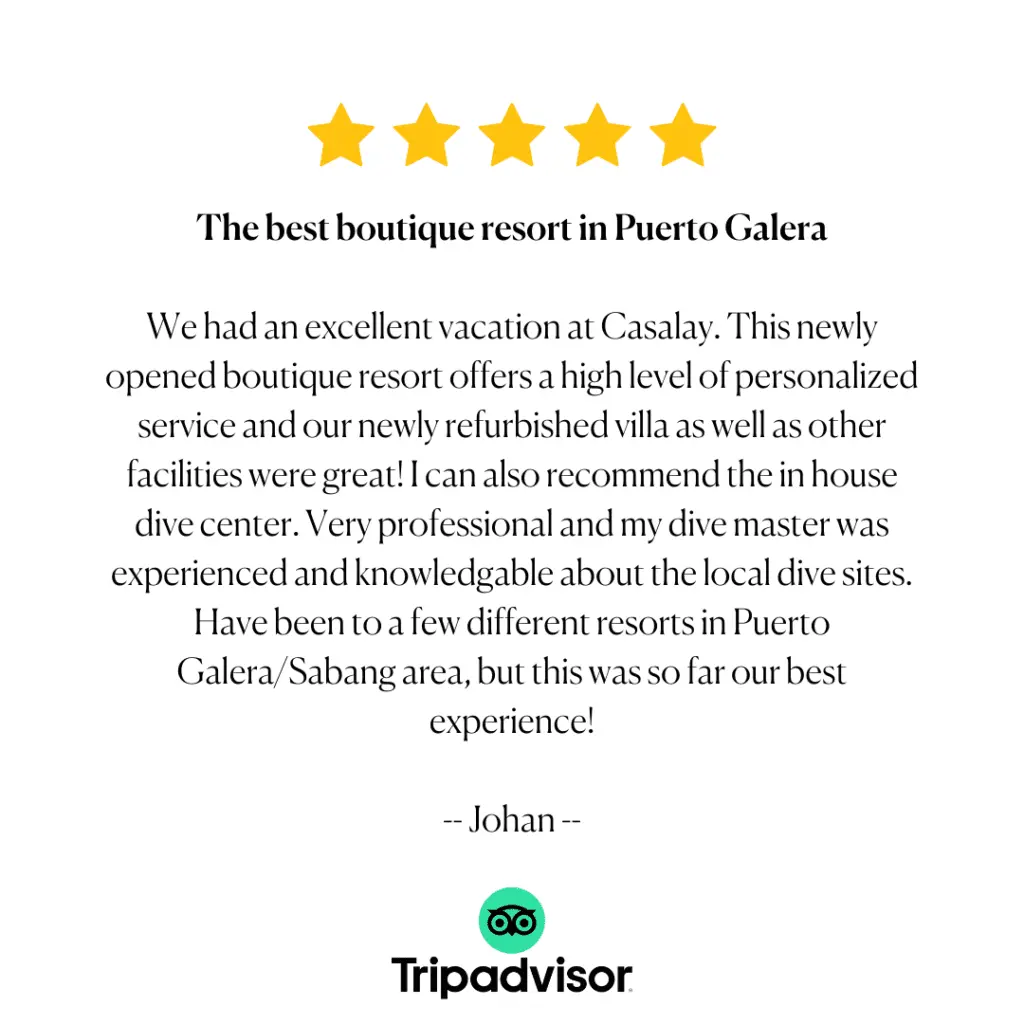 TripAdvisor review by Johan praising Casalay Boutique Villas & Dive for its personalized service, refurbished villas, and exceptional dive center.