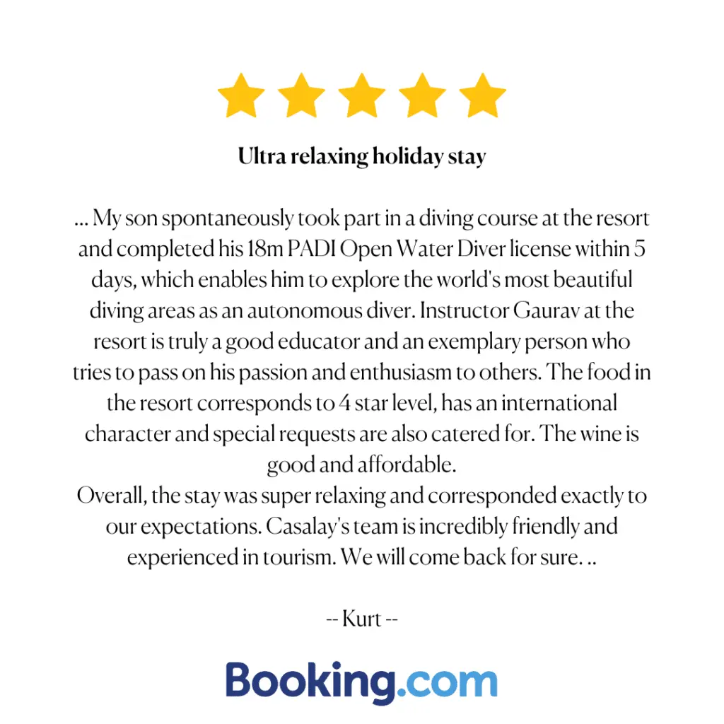 Booking.com review by Kurt sharing his son’s diving certification journey and their relaxing stay at Casalay Boutique Villas & Dive.