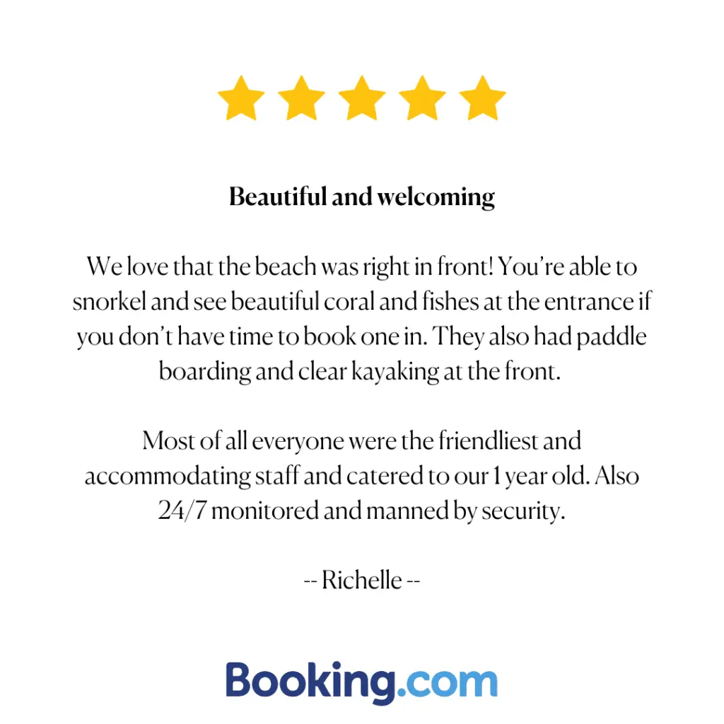 Richelle's review praising the beachfront location, snorkeling opportunities, and family-friendly accommodations.