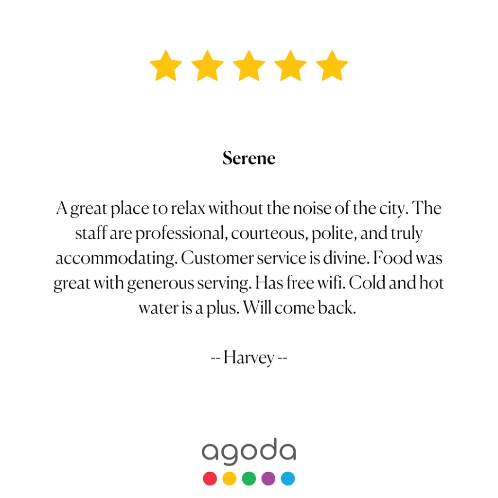 Agoda review from Harvey praising Casalay Boutique Villas & Dive for its serene environment, excellent customer service, and great amenities.