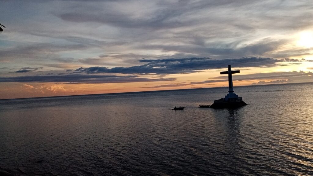 sunset, sunken cemetery, cross