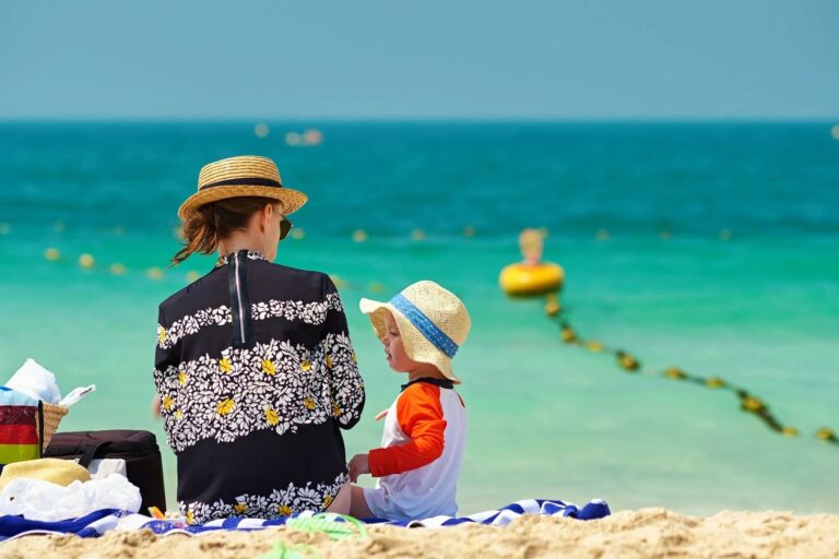 Mother and son in beach