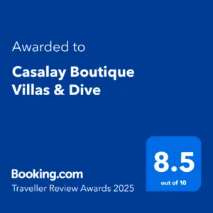 Casalay Boutique Villas & Dive Resort wins Booking.com Traveller Review Award 2025 with an 8.5 rating, recognizing exceptional guest experiences in Puerto Galera.